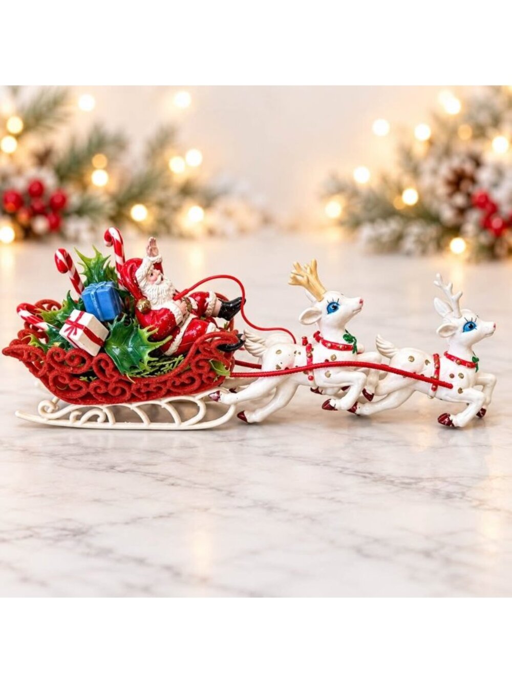 Vintage Santa Sleigh 3 Reindeer Christmas Decoration Hong Kong 16”